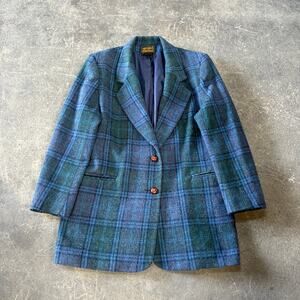 Vintage Eddie Bauer Tartan Plaid Overcoat Jacket Women's Size M Green Blue Wool